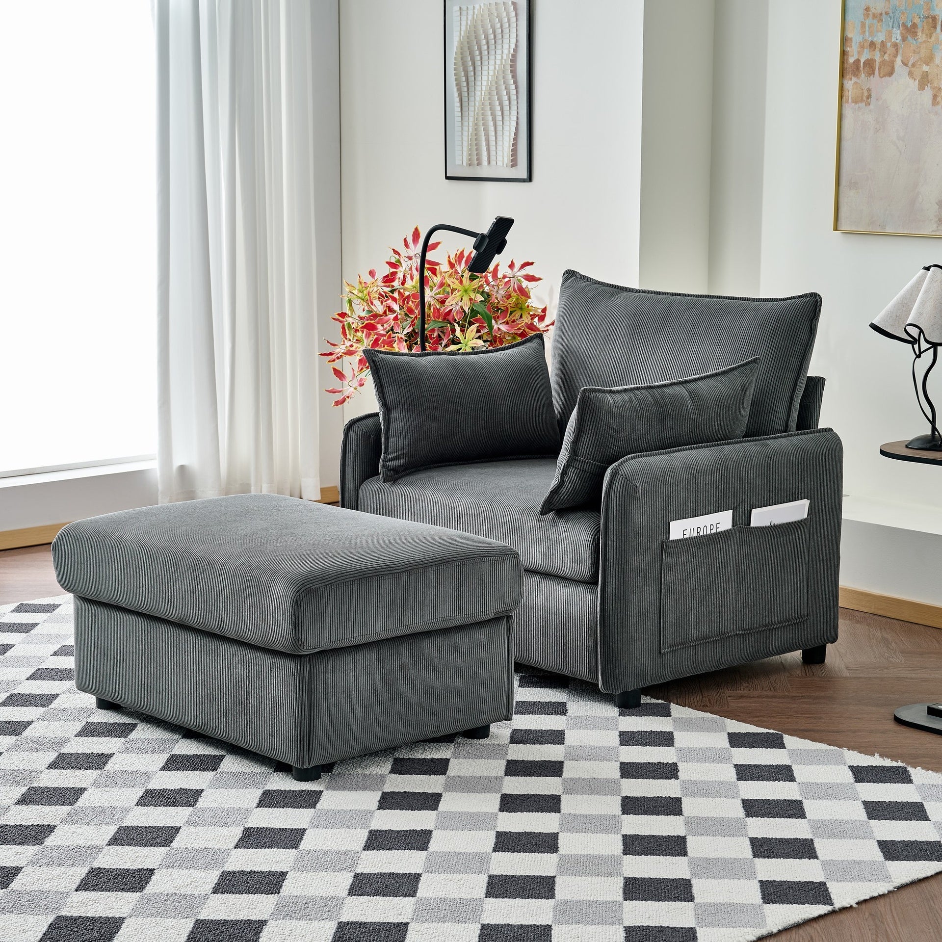 55" Oversized Chaise Lounge Chair Indoor with Ottoman and Storage , Comfy Corduroy Single Sofa, Upholstered Deep Seat Chaise Lounge with Pillows for Living Room, Bedroom, Apartment, Grey.