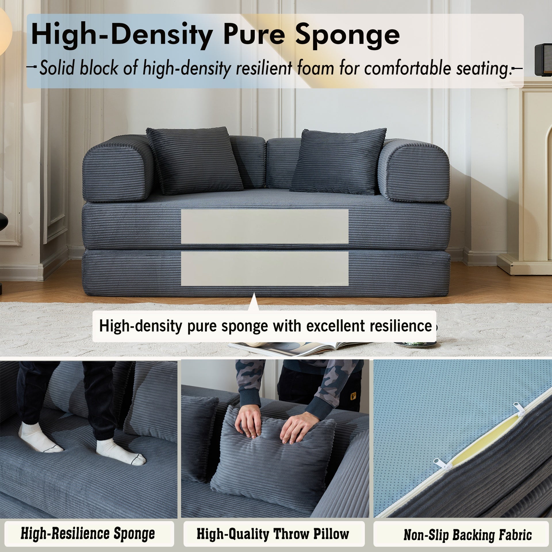 59'' Convertible Sleeper Sofa Bed with Cylindrical Pillow, Corduroy Folding Mattress Couch with Fixed-Shape Frame, Floor Sofa Lounge Couch for Living Room Bedroom (Gray)