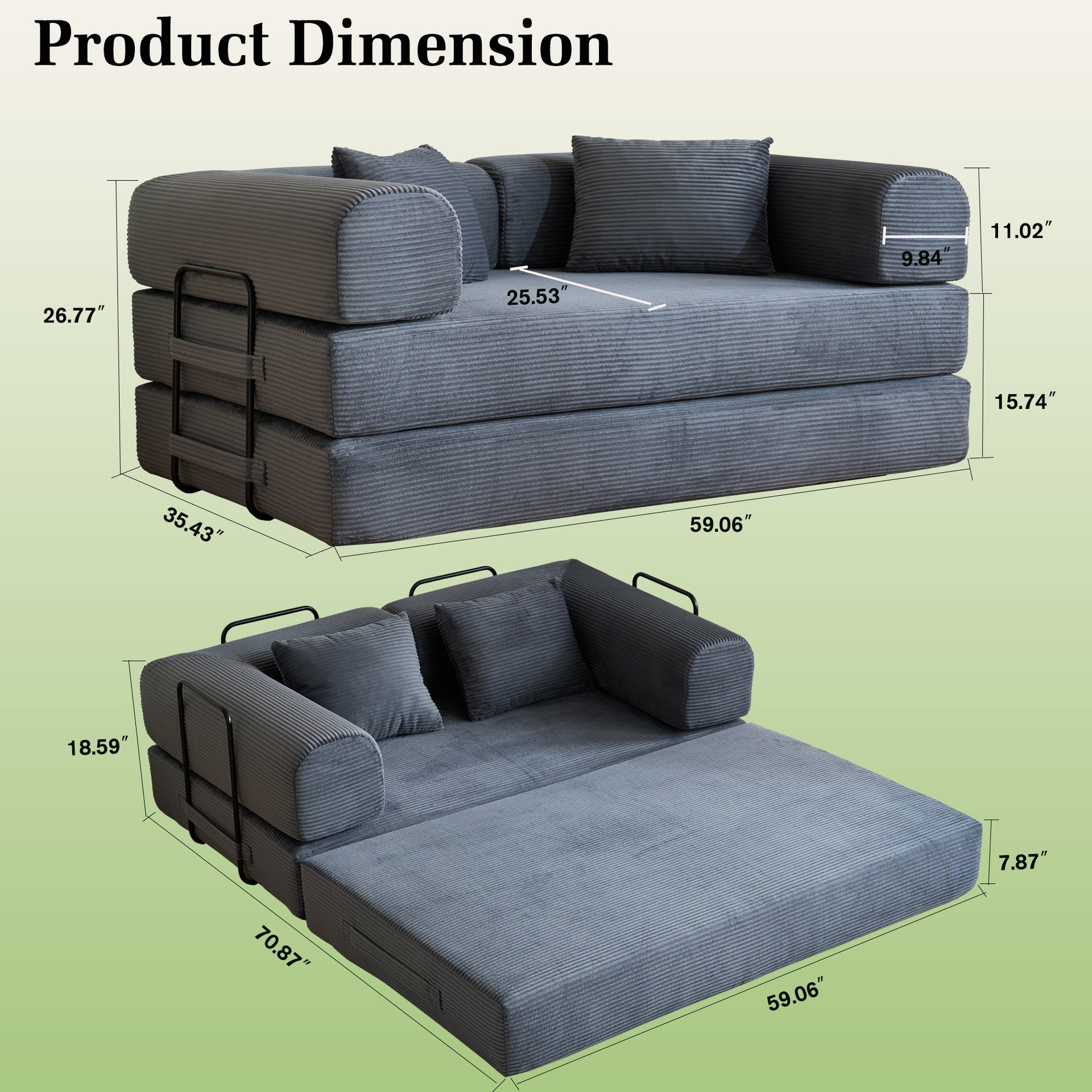 59'' Convertible Sleeper Sofa Bed with Cylindrical Pillow, Corduroy Folding Mattress Couch with Fixed-Shape Frame, Floor Sofa Lounge Couch for Living Room Bedroom (Gray)