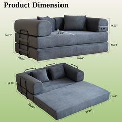 59'' Convertible Sleeper Sofa Bed with Cylindrical Pillow, Corduroy Folding Mattress Couch with Fixed-Shape Frame, Floor Sofa Lounge Couch for Living Room Bedroom (Gray)