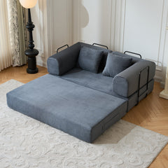 59'' Convertible Sleeper Sofa Bed with Cylindrical Pillow, Corduroy Folding Mattress Couch with Fixed-Shape Frame, Floor Sofa Lounge Couch for Living Room Bedroom (Gray)