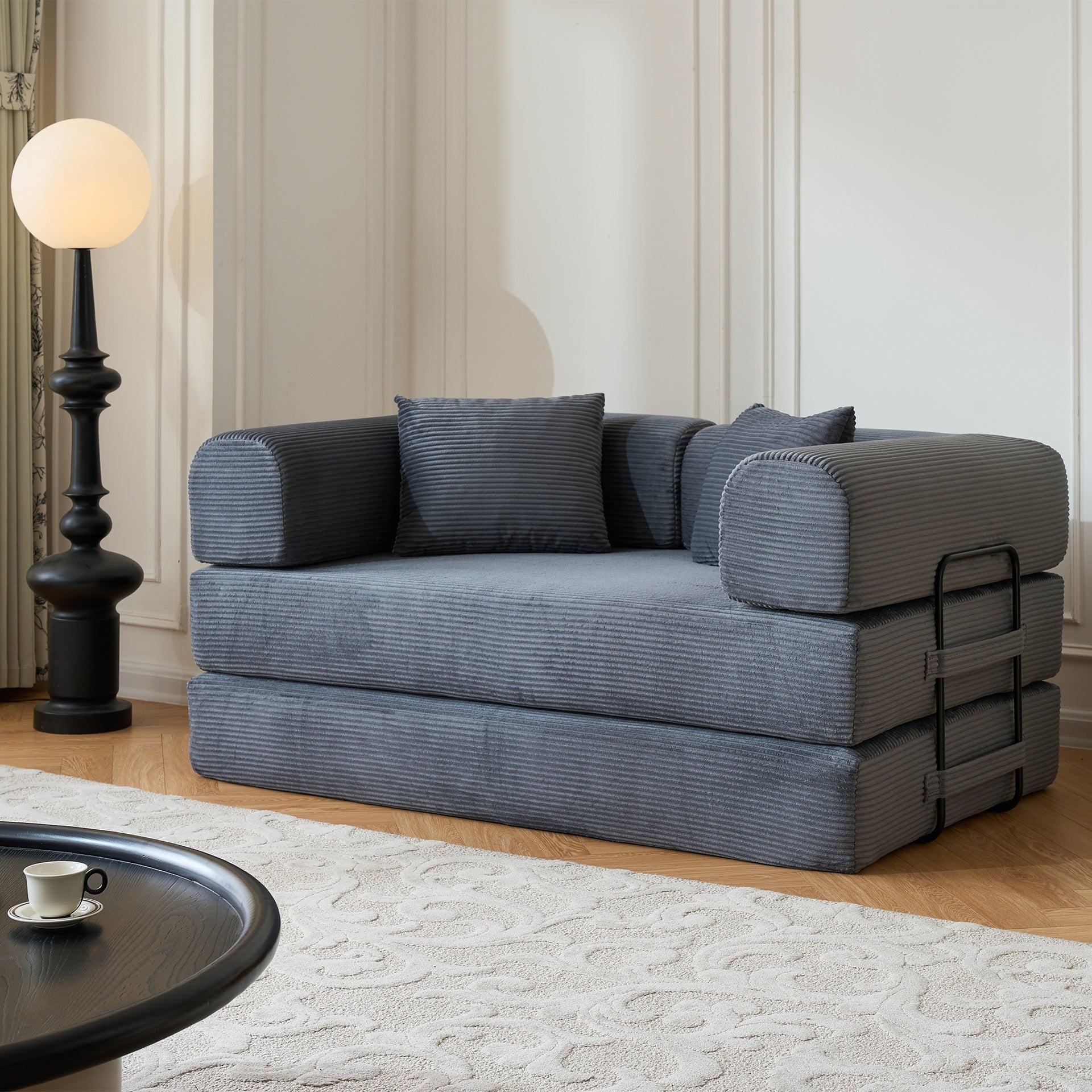 59'' Convertible Sleeper Sofa Bed with Cylindrical Pillow, Corduroy Folding Mattress Couch with Fixed-Shape Frame, Floor Sofa Lounge Couch for Living Room Bedroom (Gray)