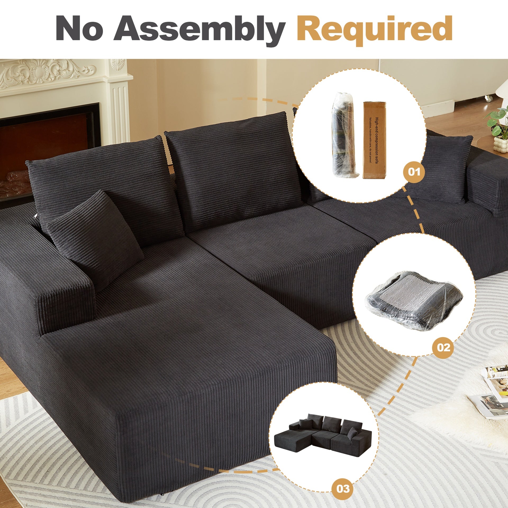 Modular Sectional Sofa with Chaise, Modern L Shaped Cloud Couch with Deep Seat, Sectional Couches for Living Room, Bedroom, Office, No Assembly Required, Black