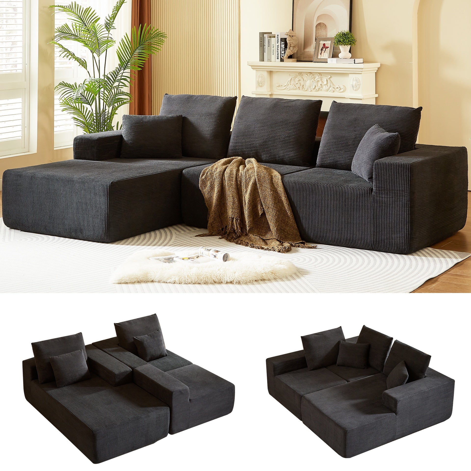 Modular Sectional Sofa with Chaise, Modern L Shaped Cloud Couch with Deep Seat, Sectional Couches for Living Room, Bedroom, Office, No Assembly Required, Black