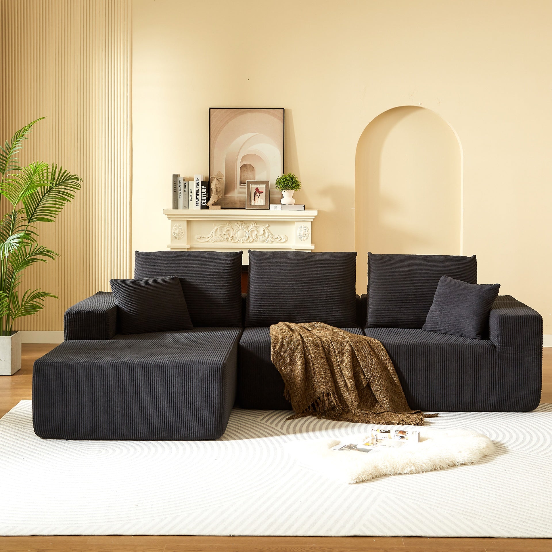 Modular Sectional Sofa with Chaise, Modern L Shaped Cloud Couch with Deep Seat, Sectional Couches for Living Room, Bedroom, Office, No Assembly Required, Black