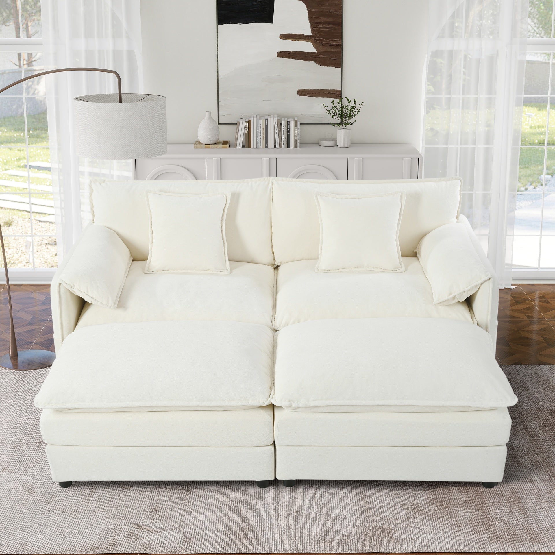 Deep Seat Sectional Cloud Sofa with 2 Ottomans & Soft Pillows, Loveseat Modular Couch for Living Room, Apartment,DIY Combination,Beige