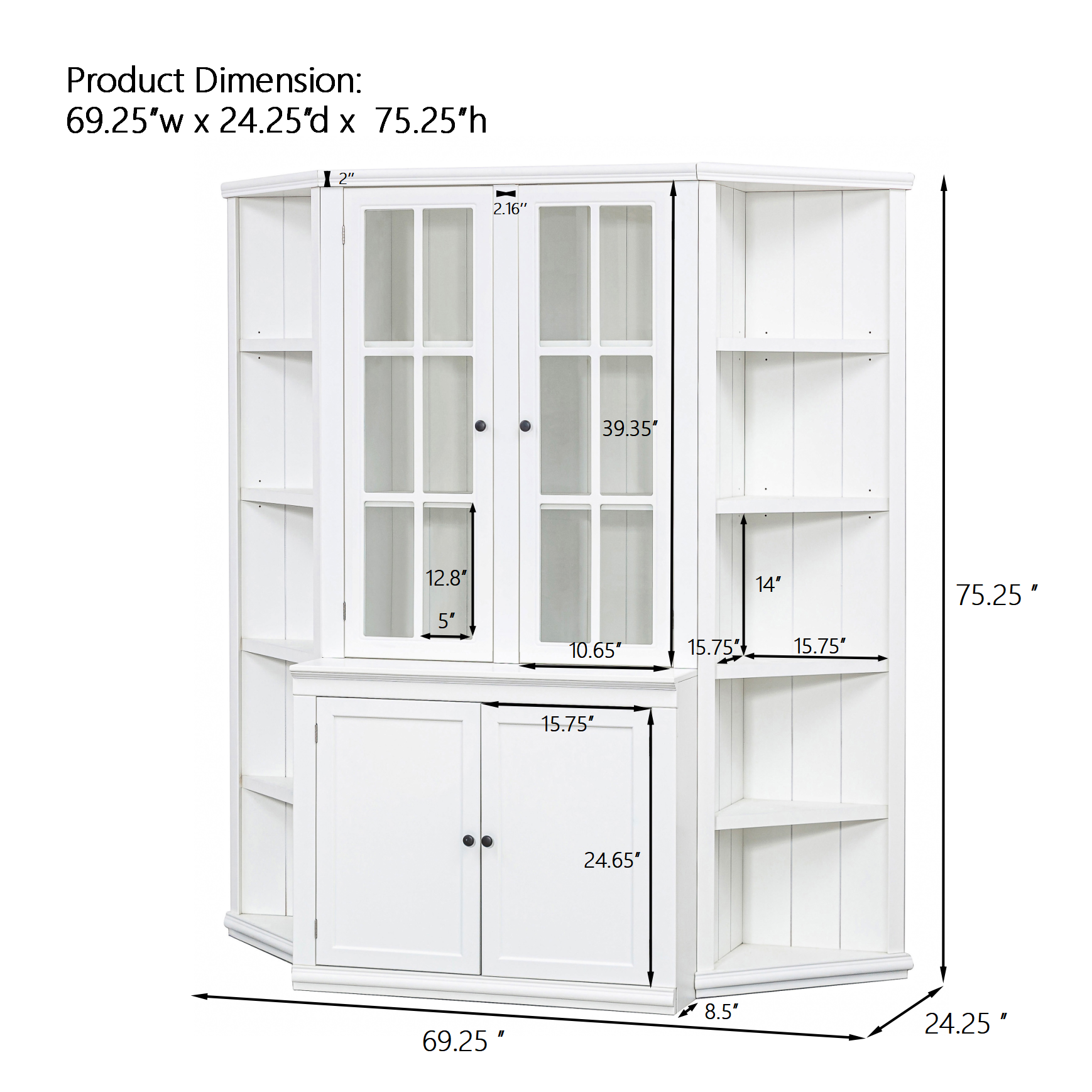 75.25'' Tall Display Cabinet and Two Triangle Sided Bookshelves, 69.25'' Wide Retro Style Wall Suit with Glass Doors, for Hallways, Living room, Office, Studio or Workspace - White