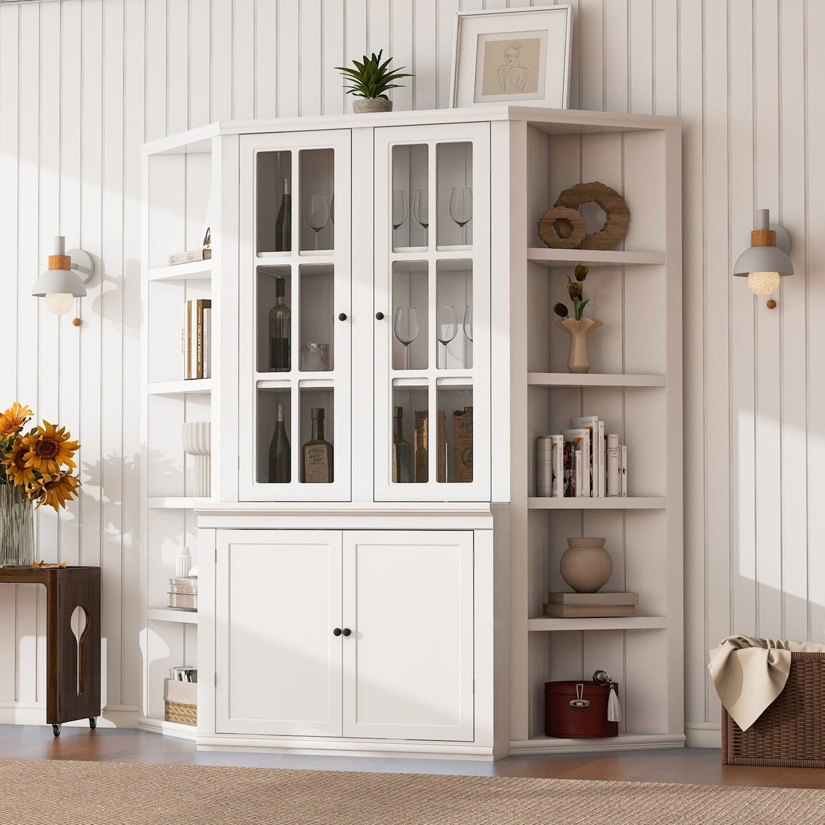 75.25'' Tall Display Cabinet and Two Triangle Sided Bookshelves, 69.25'' Wide Retro Style Wall Suit with Glass Doors, for Hallways, Living room, Office, Studio or Workspace - White