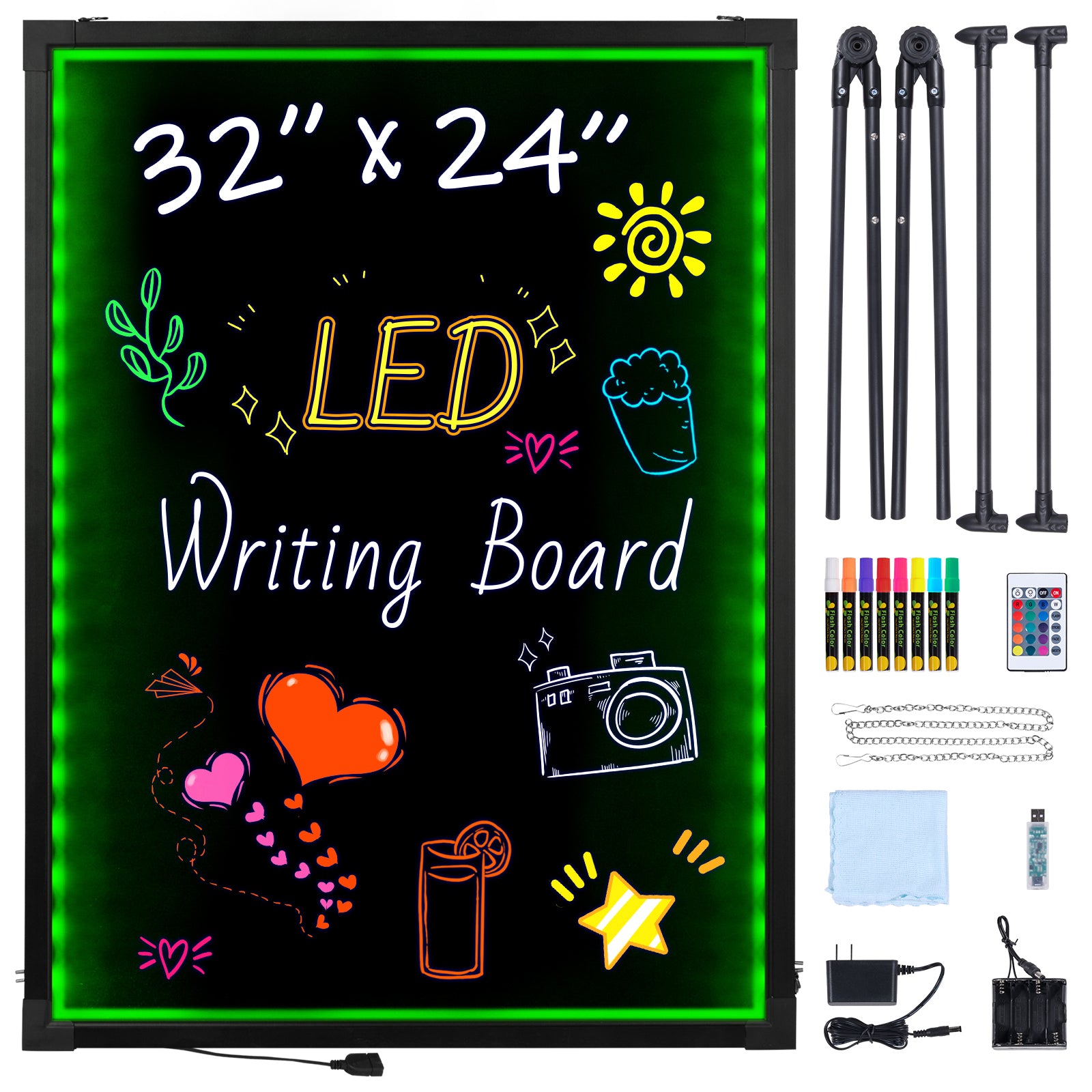 LED Message Writing Board, 32"x24" Illuminated Erasable Lighted Chalkboard, Neon Effect Menu Sign Board, Drawing Board with 8 Fluorescent Chalk Markers and Remote Contro Tested toStandards
