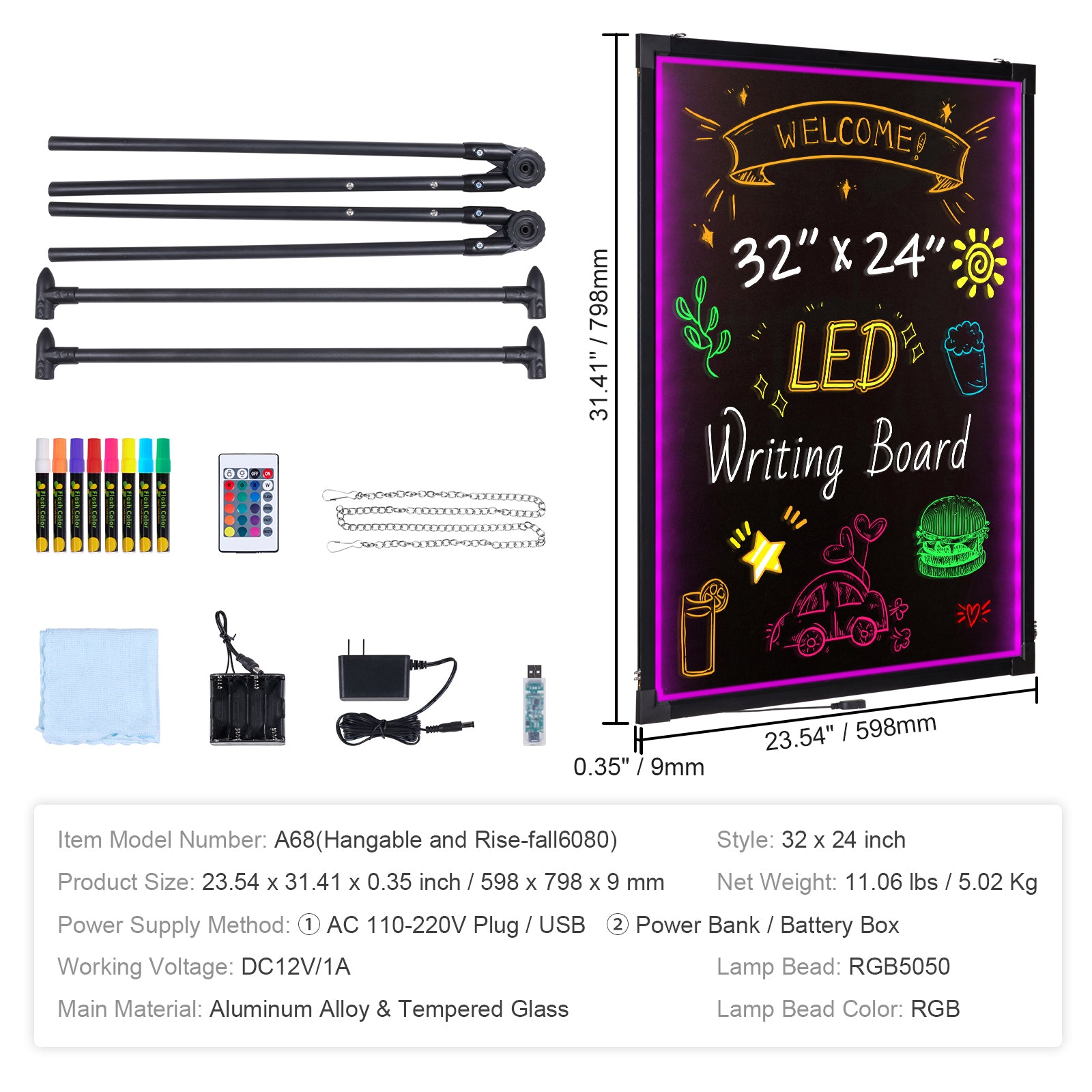 LED Message Writing Board, 32"x24" Illuminated Erasable Lighted Chalkboard, Neon Effect Menu Sign Board, Drawing Board with 8 Fluorescent Chalk Markers and Remote Contro Tested toStandards