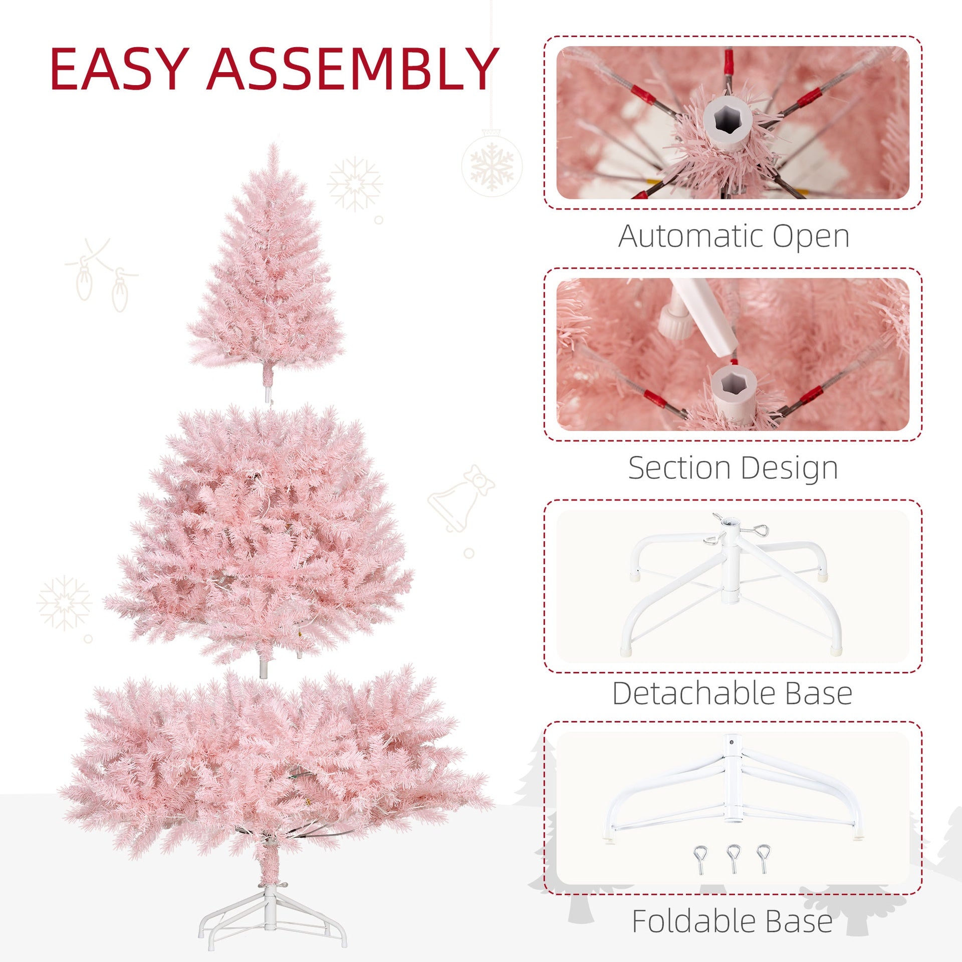 HOMCOM 6' Tall Prelit Christmas Tree Douglas Fir Artificial Christmas Tree with Realistic Branches, 250 Warm White LED Lights and 1000 Tips, Pink