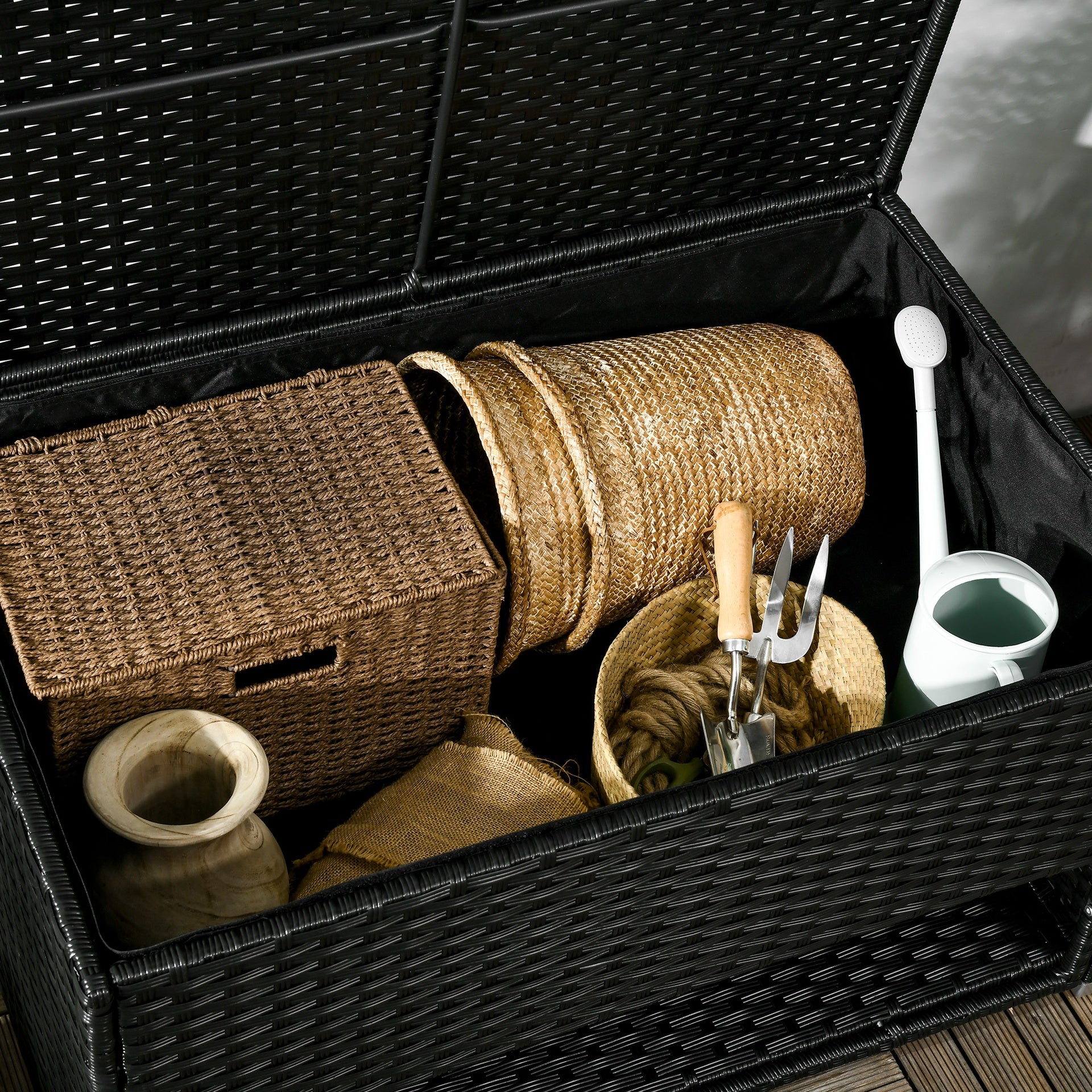 Outsunny Outdoor Deck Box & Shoe Storage, PE Rattan Wicker Towel Rack with Liner for Indoor, Outdoor, Patio Furniture Cushions, Pool, Toys, Garden Tools, Black