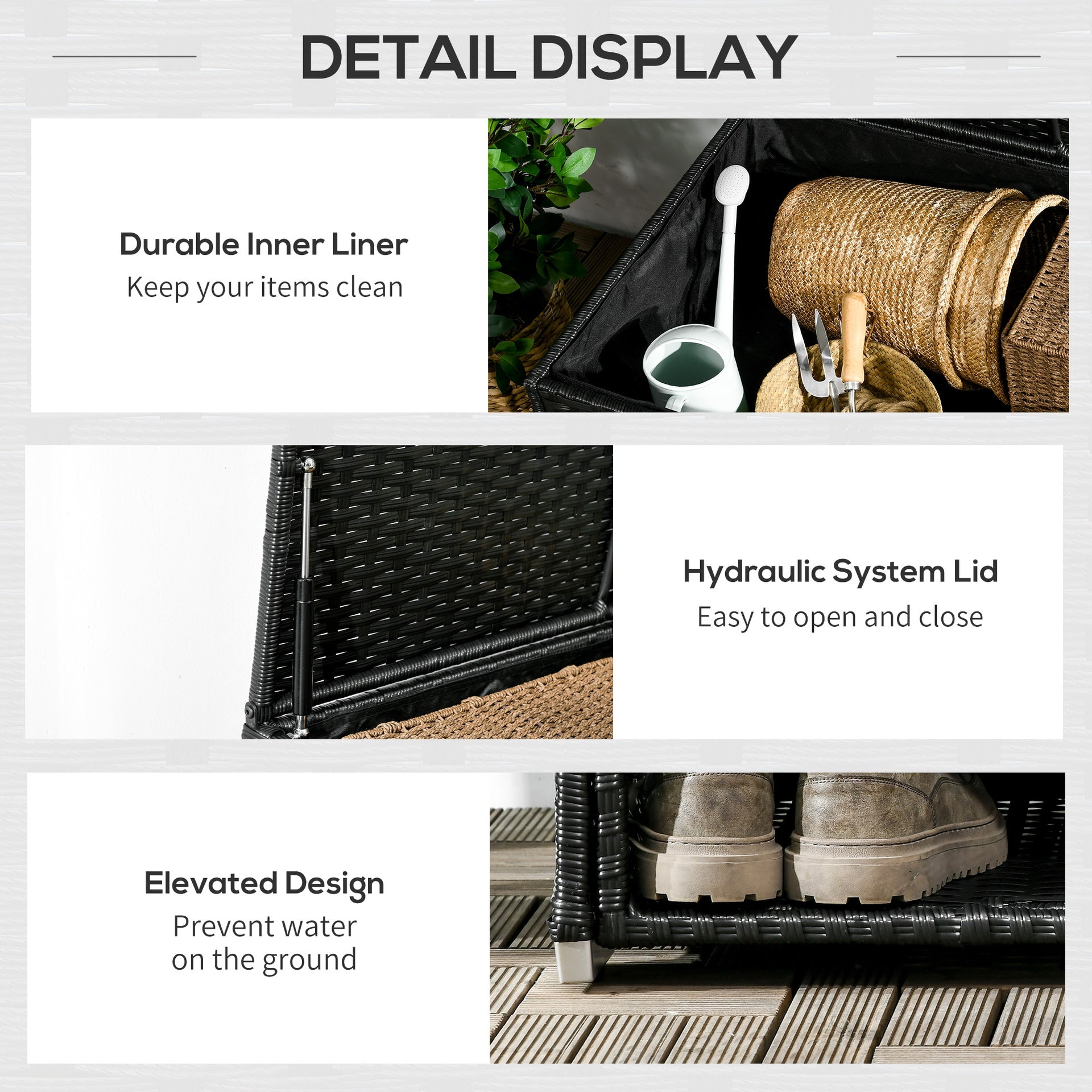 Outsunny Outdoor Deck Box & Shoe Storage, PE Rattan Wicker Towel Rack with Liner for Indoor, Outdoor, Patio Furniture Cushions, Pool, Toys, Garden Tools, Black