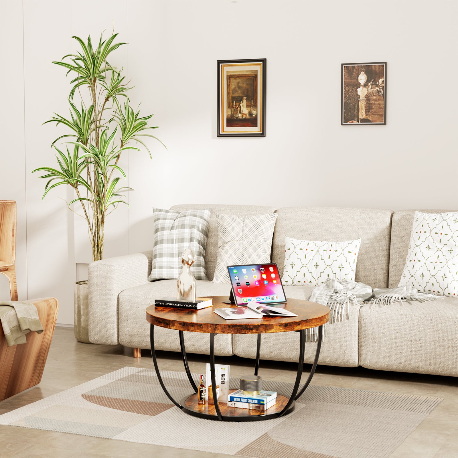 31.5" Round Coffee Table, 2-Tier Coffee Tables for Living Room, Small Wood Coffee Table with Storage, Modern Accent Center Table for Living Room & Kitchen