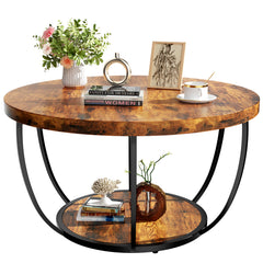 31.5" Round Coffee Table, 2-Tier Coffee Tables for Living Room, Small Wood Coffee Table with Storage, Modern Accent Center Table for Living Room & Kitchen