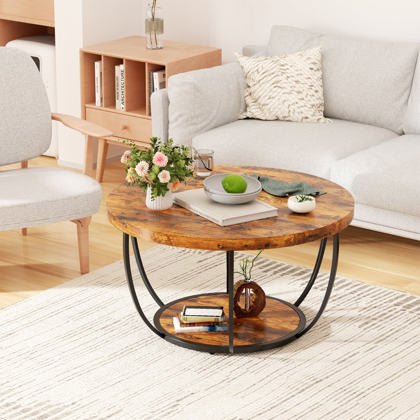 31.5" Round Coffee Table, 2-Tier Coffee Tables for Living Room, Small Wood Coffee Table with Storage, Modern Accent Center Table for Living Room & Kitchen