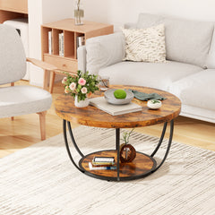 31.5" Round Coffee Table, 2-Tier Coffee Tables for Living Room, Small Wood Coffee Table with Storage, Modern Accent Center Table for Living Room & Kitchen