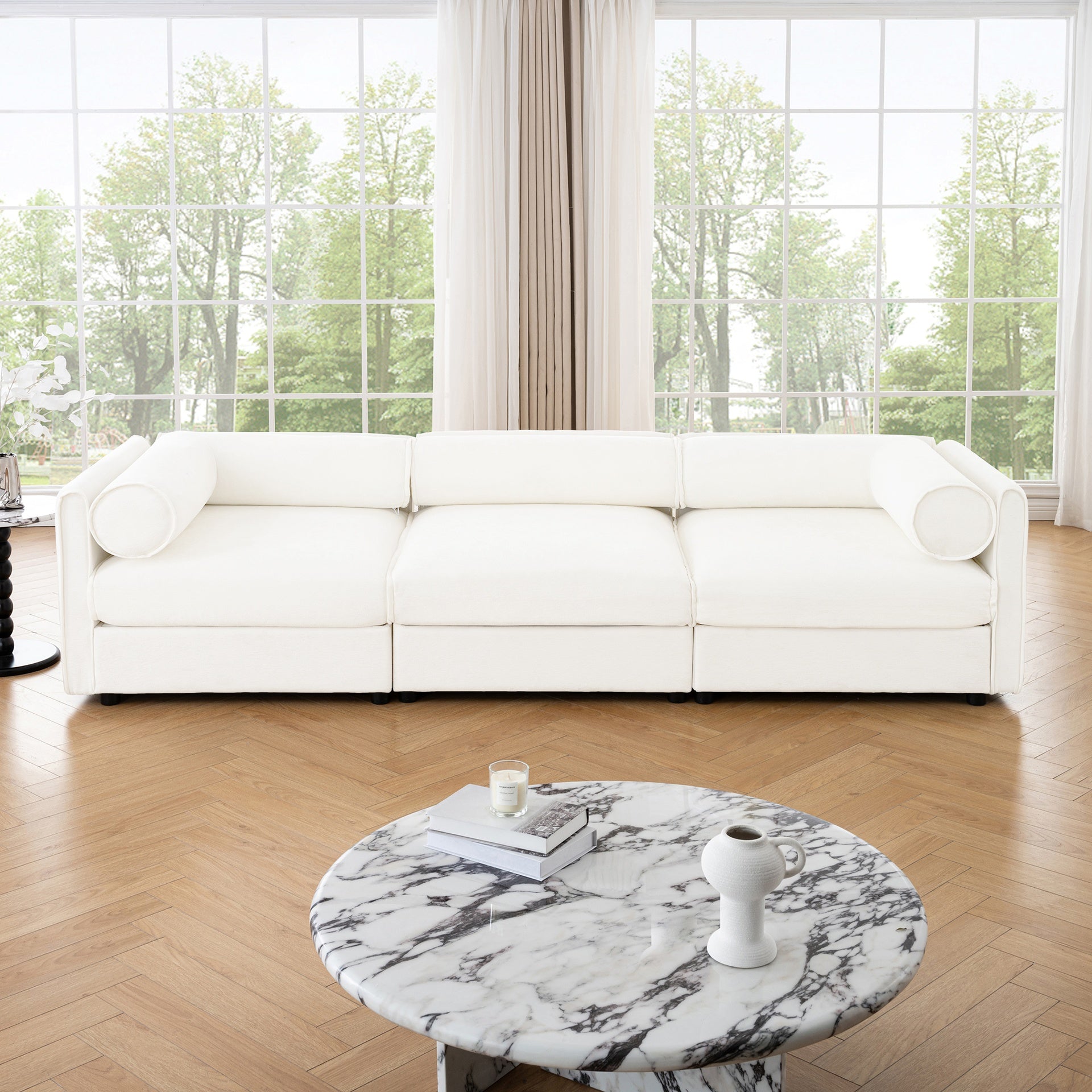 Elegant White Chenille  Sofa with Storage Seat, Cylindrical Backrest and Armrests, Contemporary 3-Seater Fabric Couch with Hidden Storage Compartment