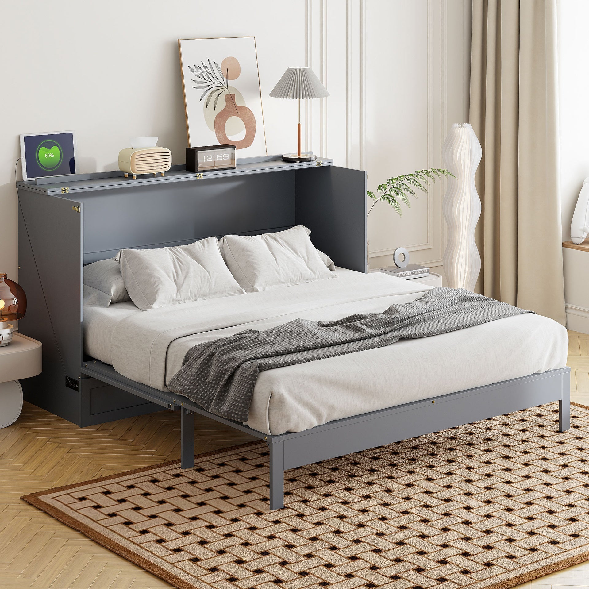 Queen Size Murphy Bed with Large Drawers, Gray