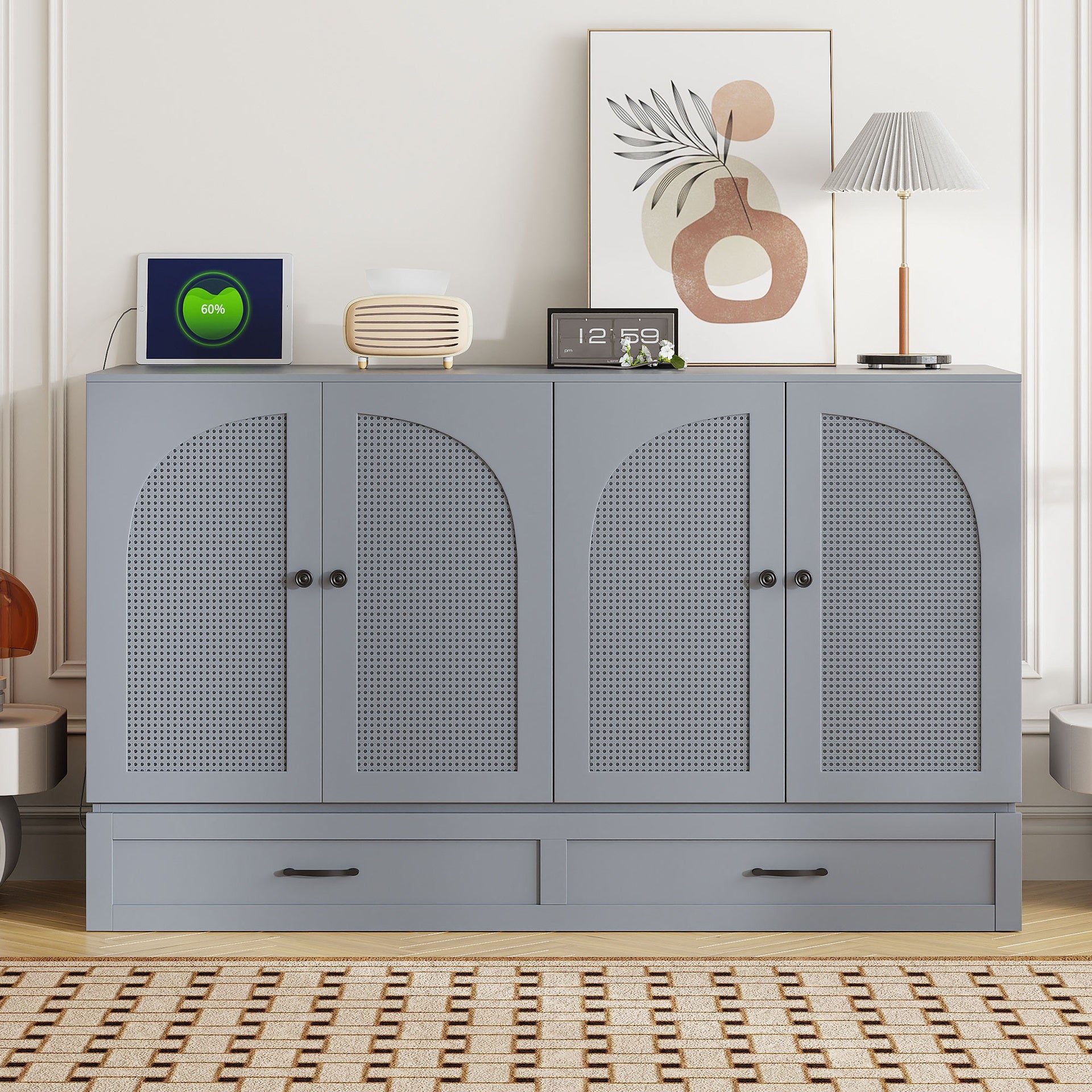 Queen Size Murphy Bed with Large Drawers, Gray
