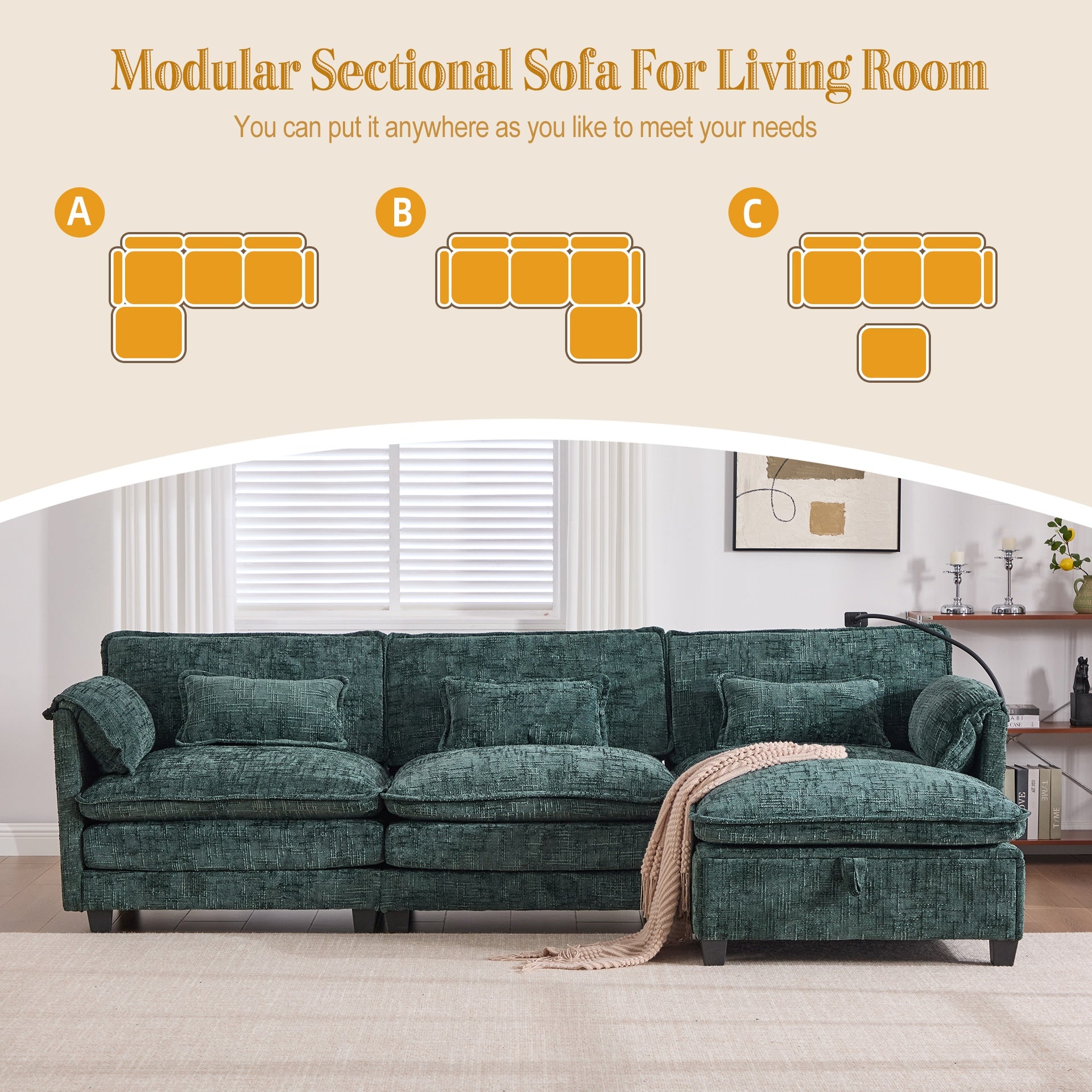 UNITED WE WIN 112" Oversized Sectional Sofa Cloud Couch for Living Room, Modern Chenille L Shaped Couch, Comfy Boucle Modular Sofa Sleeper with Movable Storage Ottoman, Phone Holder, USB Charging Port