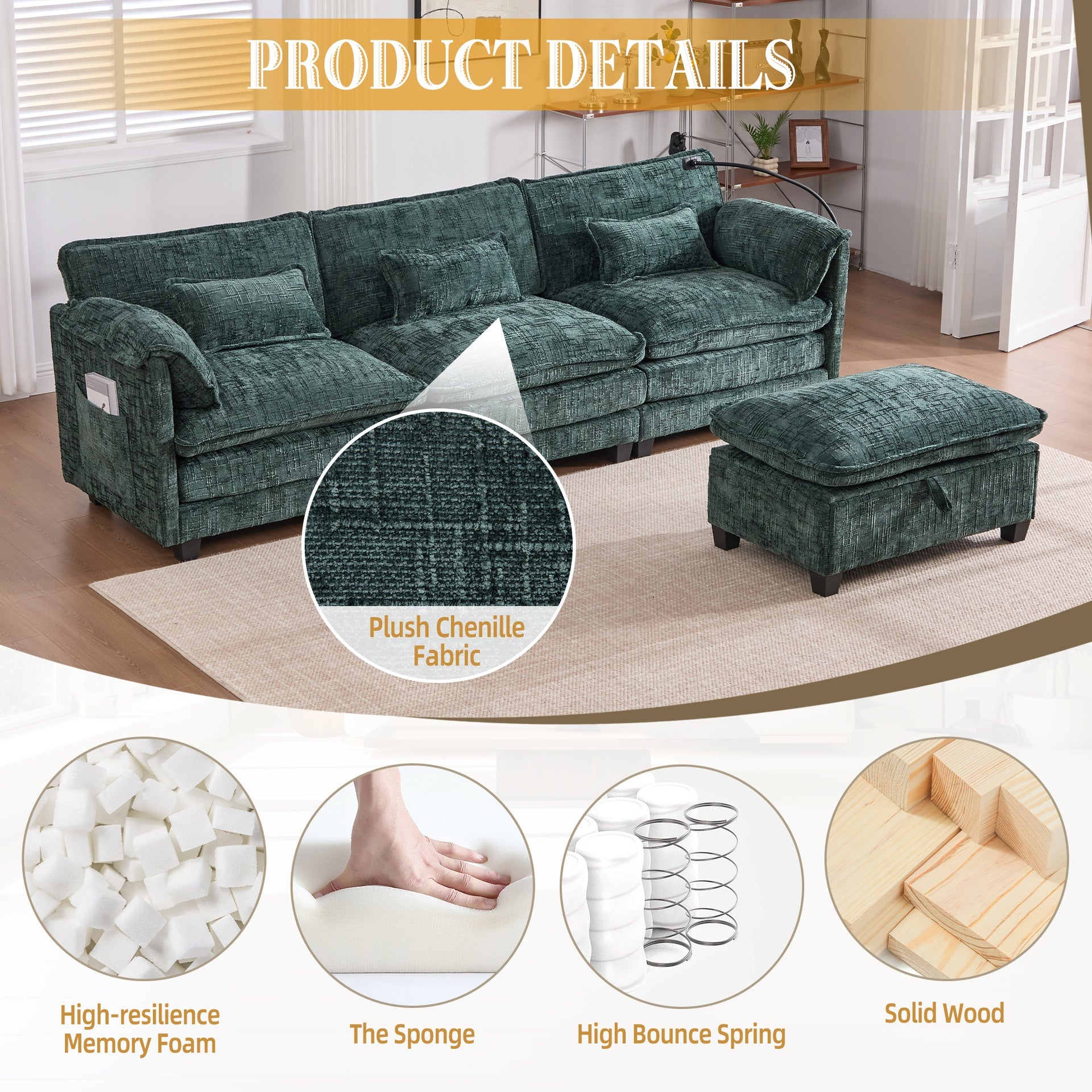 UNITED WE WIN 112" Oversized Sectional Sofa Cloud Couch for Living Room, Modern Chenille L Shaped Couch, Comfy Boucle Modular Sofa Sleeper with Movable Storage Ottoman, Phone Holder, USB Charging Port