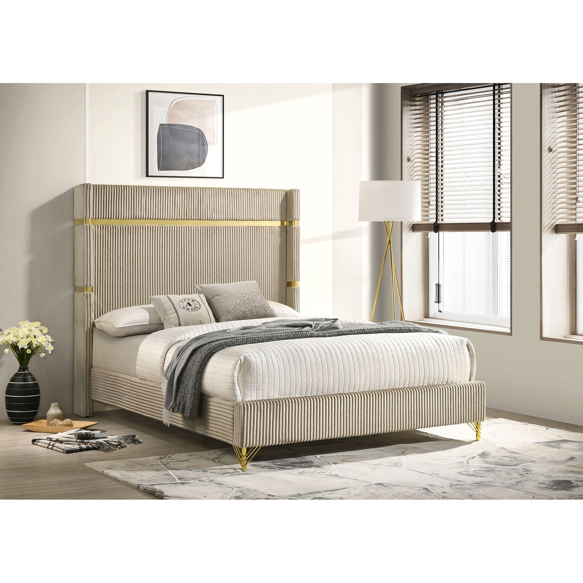 Malcolm Beige Upholstered Eastern King Wingback Bed