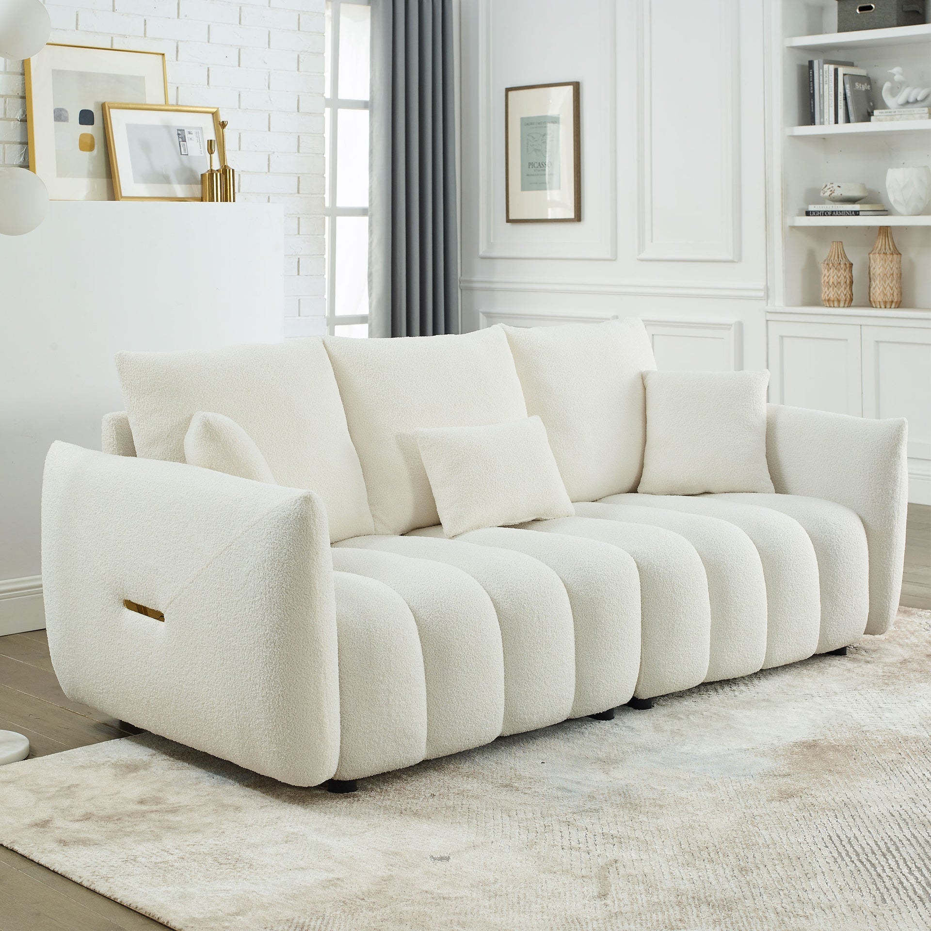MH 79.5" Premium Teddy fabric Sofa with 3 Back Pillows and 3 back Cushions Solid Wood Frame 3-Seater Sofa, Oversized Upholstered Chair for Living Room, Bedroom, Apartment and Office