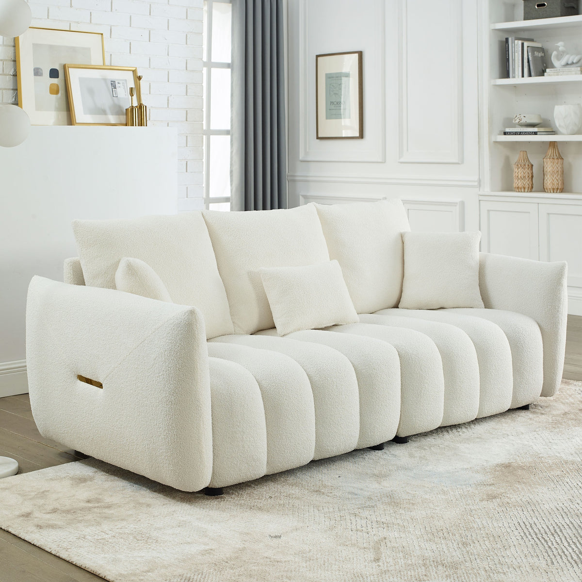 MH 79.5" Premium Teddy fabric Sofa with 3 Back Pillows and 3 back Cushions Solid Wood Frame 3-Seater Sofa, Oversized Upholstered Chair for Living Room, Bedroom, Apartment and Office