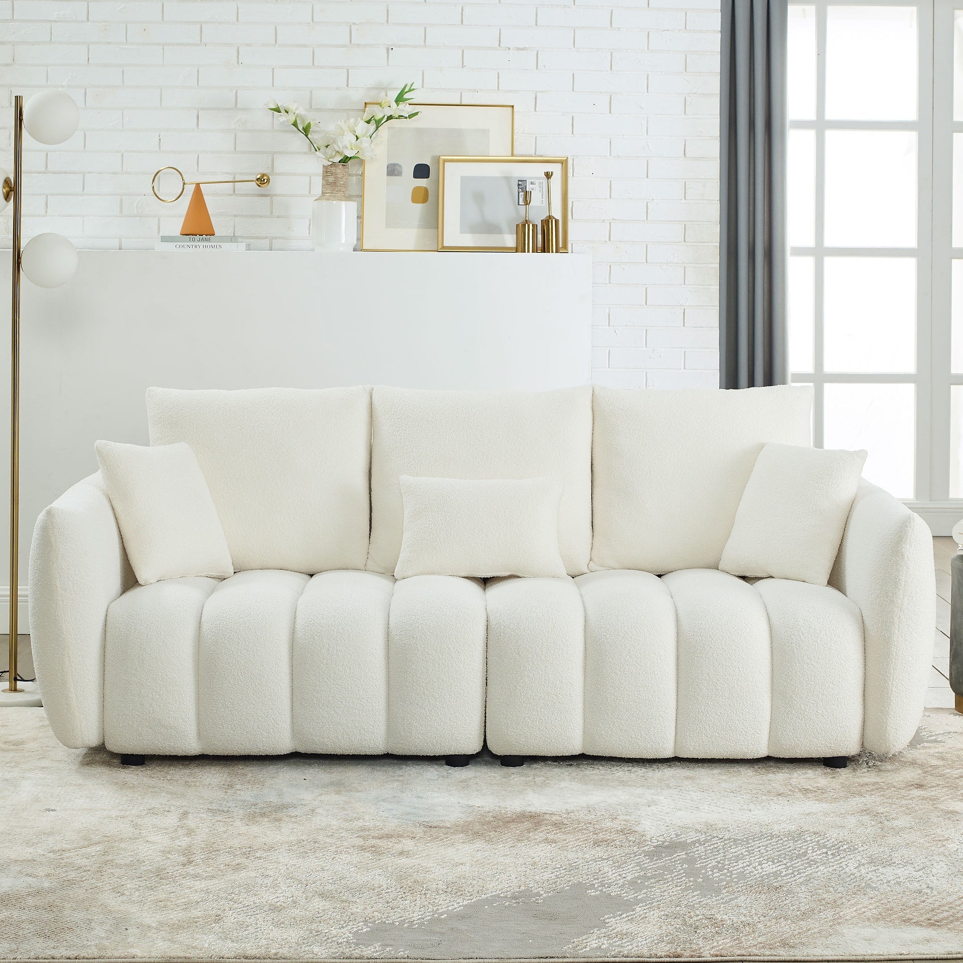 MH 79.5" Premium Teddy fabric Sofa with 3 Back Pillows and 3 back Cushions Solid Wood Frame 3-Seater Sofa, Oversized Upholstered Chair for Living Room, Bedroom, Apartment and Office