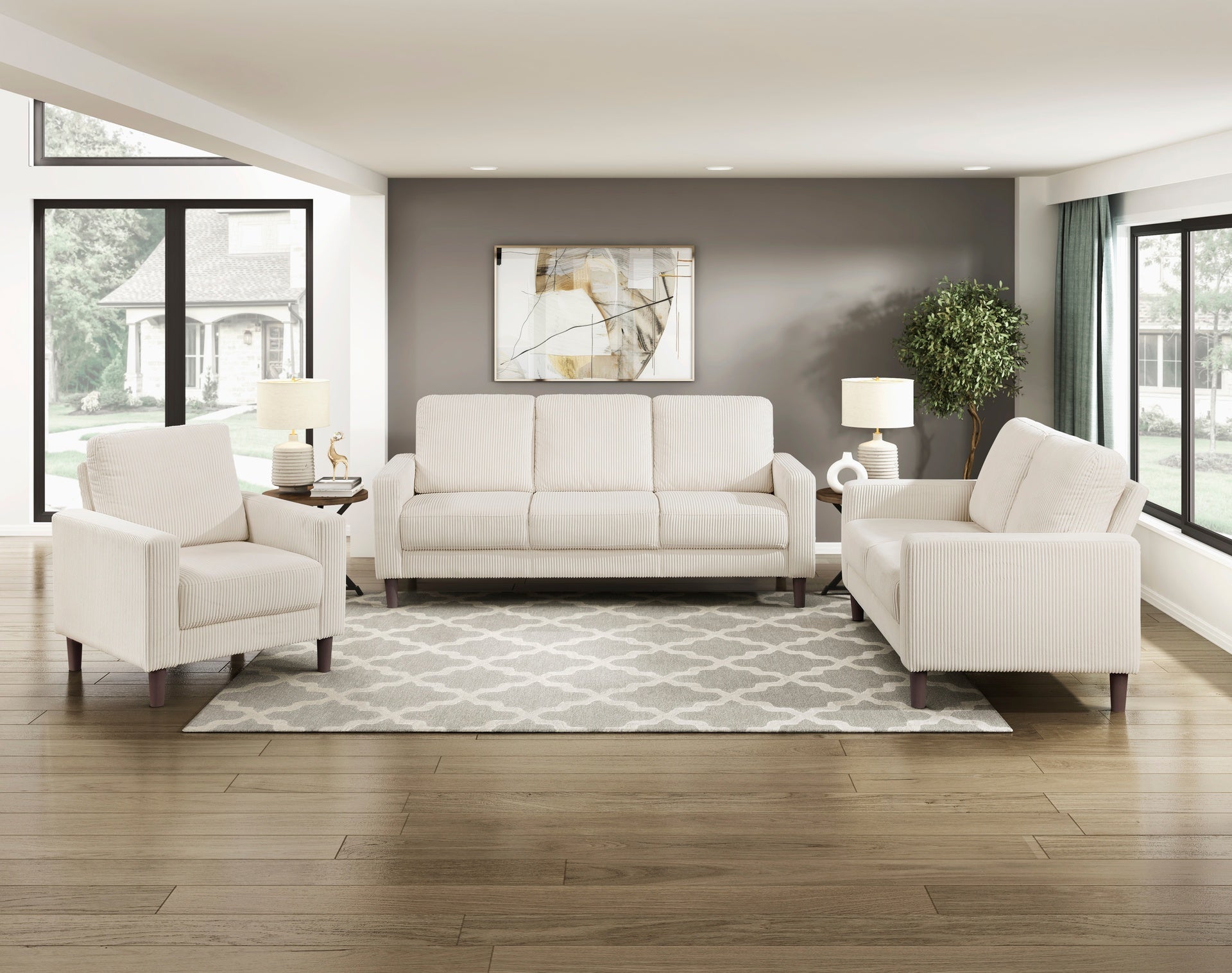 Modern Contemporary Sofa Set 3pcs Comfortable Sofa Loveseat Chair Beige Corduroy Upholstered Cushion Solid Wood Living Room Furniture