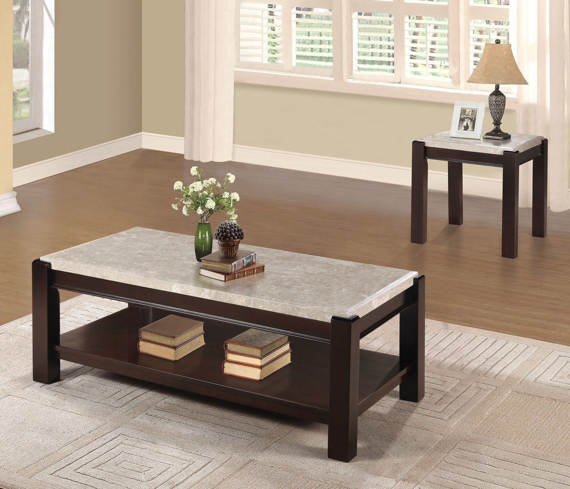 Genuine Marble Top End Table Dark Cherry Finish Wood Frame Contemporary Living Room Furniture 1pc Side Table