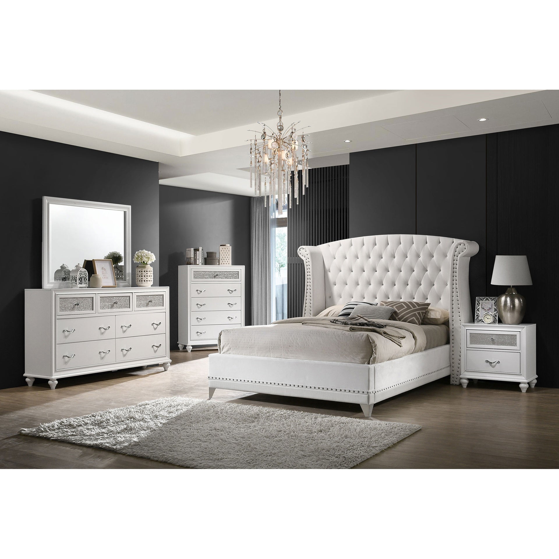 Barzini White Upholstered Queen Wingback Bed