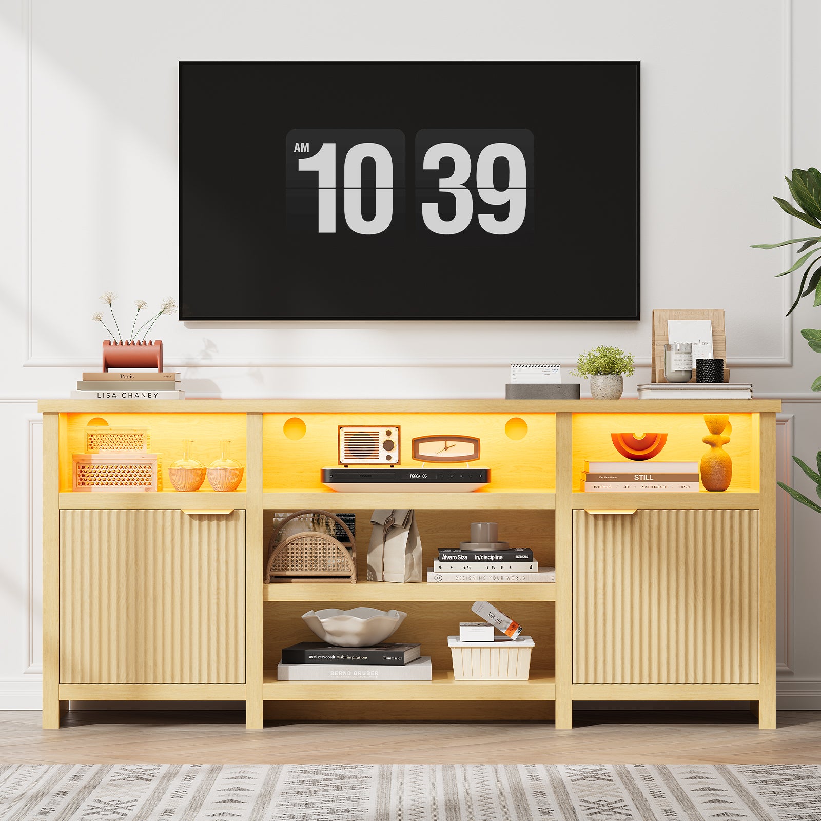 Highboy TV Stand, LED TV Stand for 80-inch TVs, Media Console Entertainment Center with Storage for Living Room, Oak
