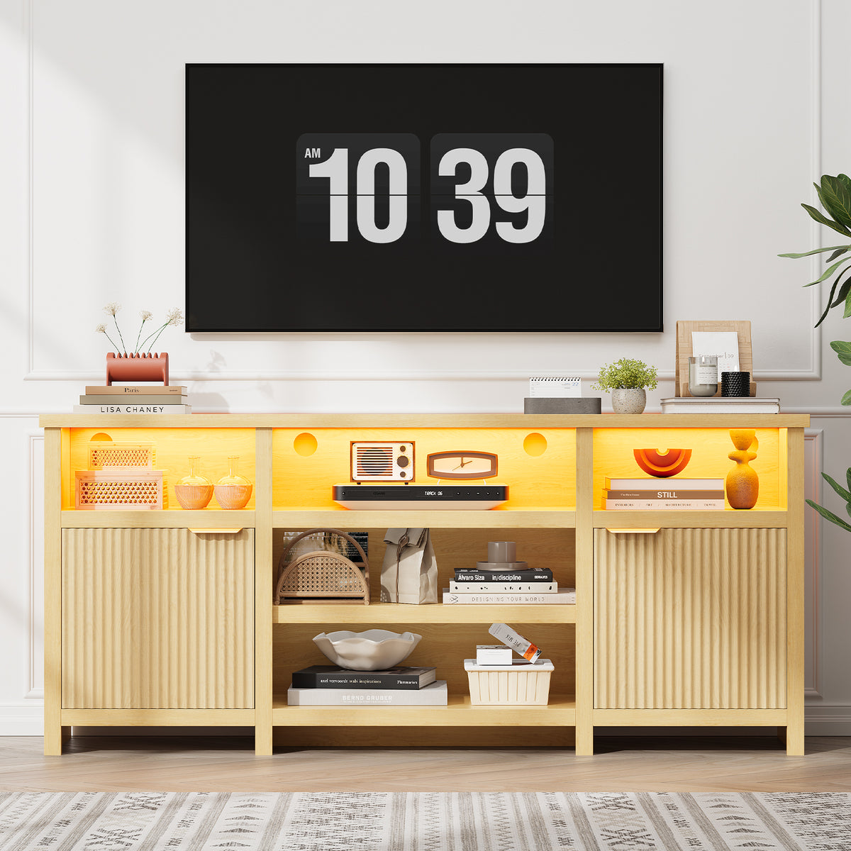 Highboy TV Stand, LED TV Stand for 80-inch TVs, Media Console Entertainment Center with Storage for Living Room, Oak