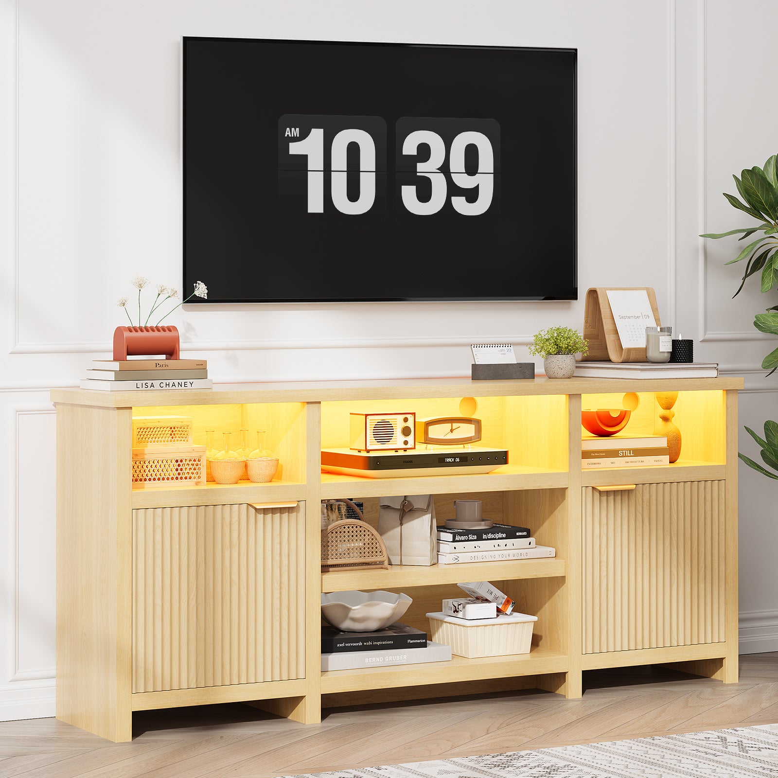 Highboy TV Stand, LED TV Stand for 80-inch TVs, Media Console Entertainment Center with Storage for Living Room, Oak