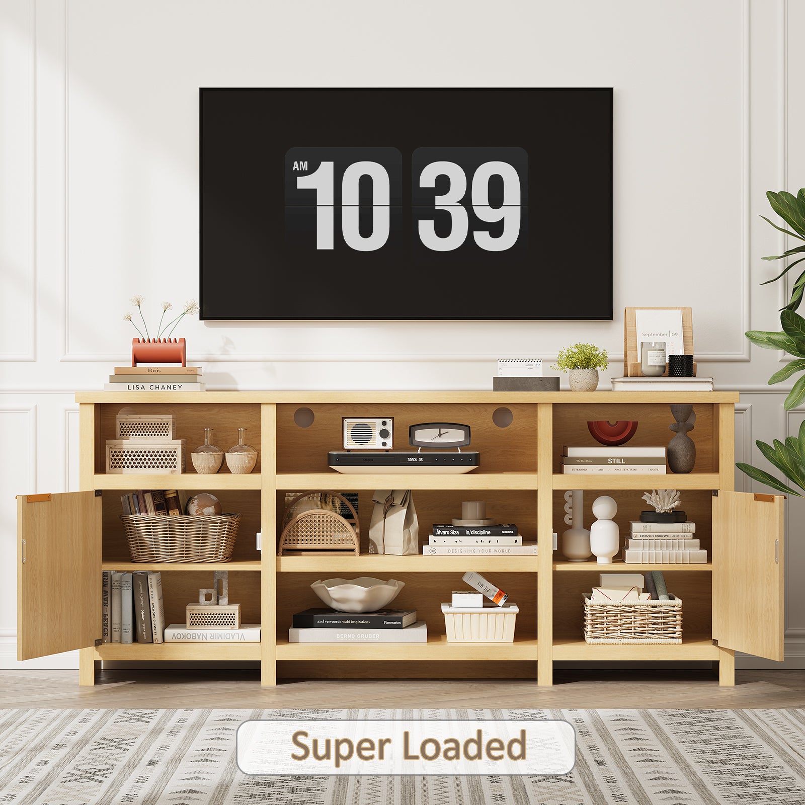 Highboy TV Stand, LED TV Stand for 80-inch TVs, Media Console Entertainment Center with Storage for Living Room, Oak