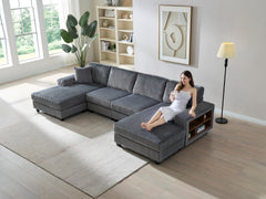 Convertible U-shaped Combination Sofa, Corduroy Fabric, Modern Comfortable Large Size 4 Seat Sofa, Living Room Double Lounge Chair , Dark Grey