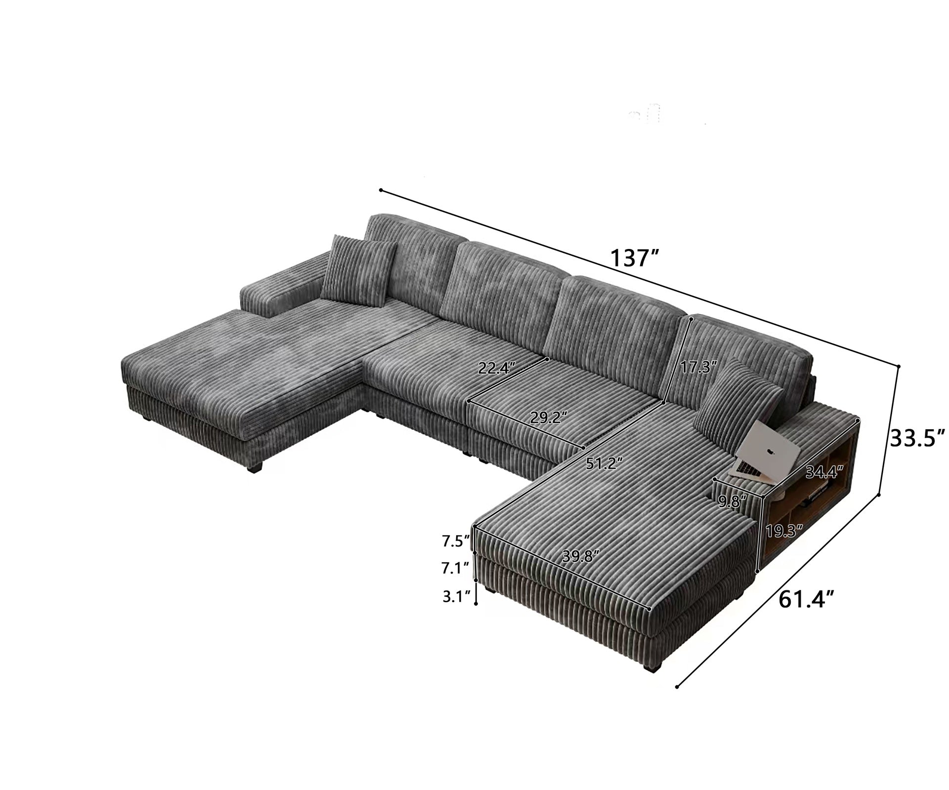 Convertible U-shaped Combination Sofa, Corduroy Fabric, Modern Comfortable Large Size 4 Seat Sofa, Living Room Double Lounge Chair , Dark Grey