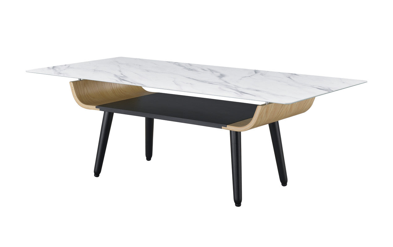 Lorenzo 47"W Coffee Table with Glass White Marble Texture Top and Bent Wood Design