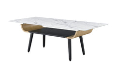 Lorenzo 47"W Coffee Table with Glass White Marble Texture Top and Bent Wood Design