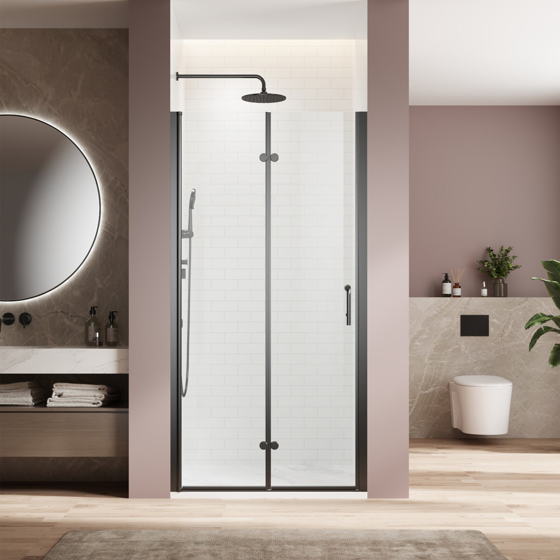 Bifold swing double glass panel shower door 30 in.W x 72 in.H,adjustable frameless shower door with 1/4 inch clear tempered glass,matte black hardwares