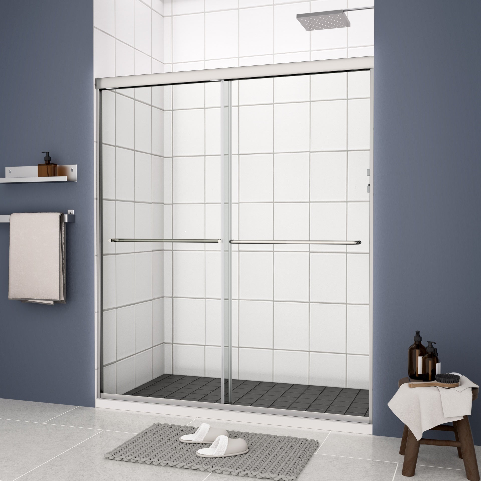 Bypass shower door, sliding door, with 1/4" tempered glass and Polished finish 56-60"x70"