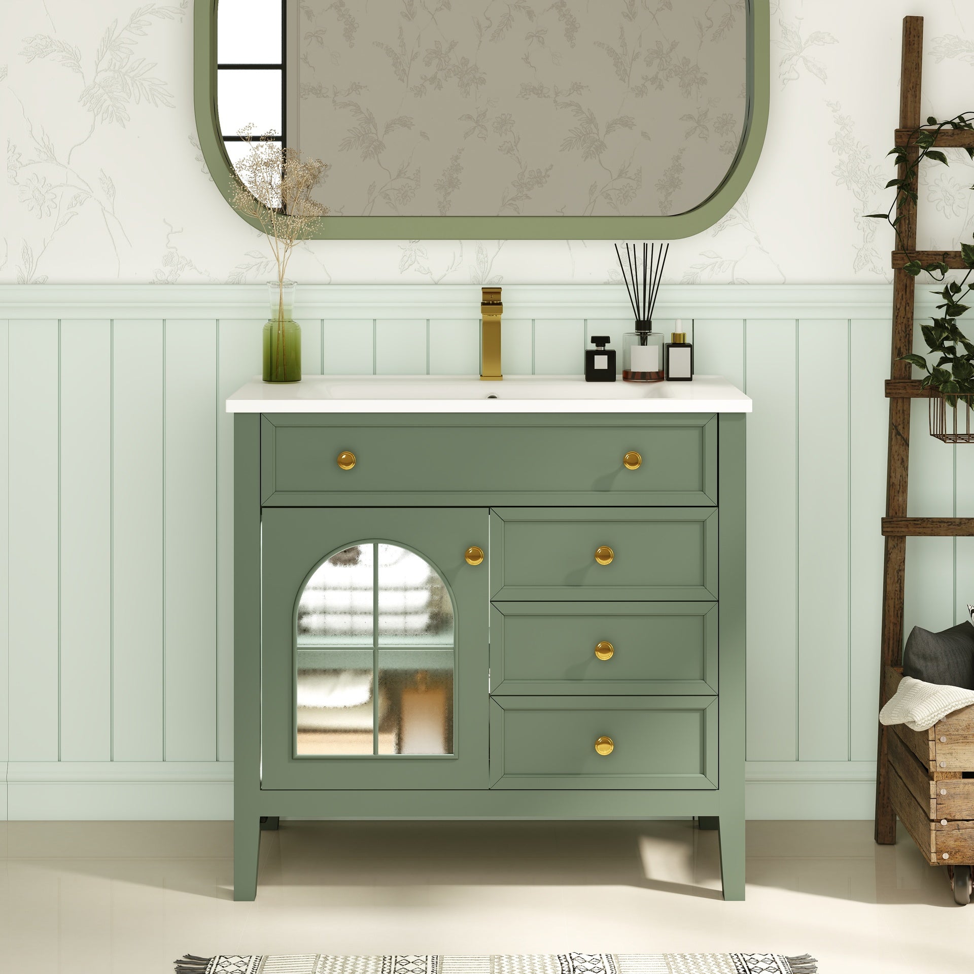 35.6" Mid-Century Bathroom Vanity Sink with Patterned Glass & Motion-sensor Light Strip, Farmhouse Freestanding Bathroom Vanity Sink with Storage, High-end Restroom Vanity Cabinet,Green