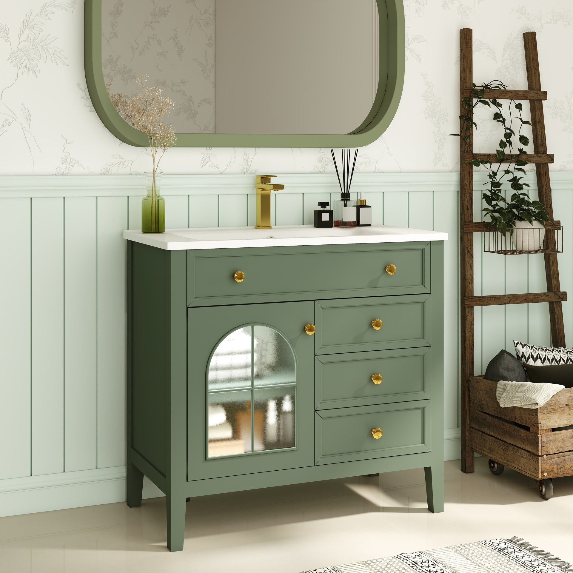 35.6" Mid-Century Bathroom Vanity Sink with Patterned Glass & Motion-sensor Light Strip, Farmhouse Freestanding Bathroom Vanity Sink with Storage, High-end Restroom Vanity Cabinet,Green