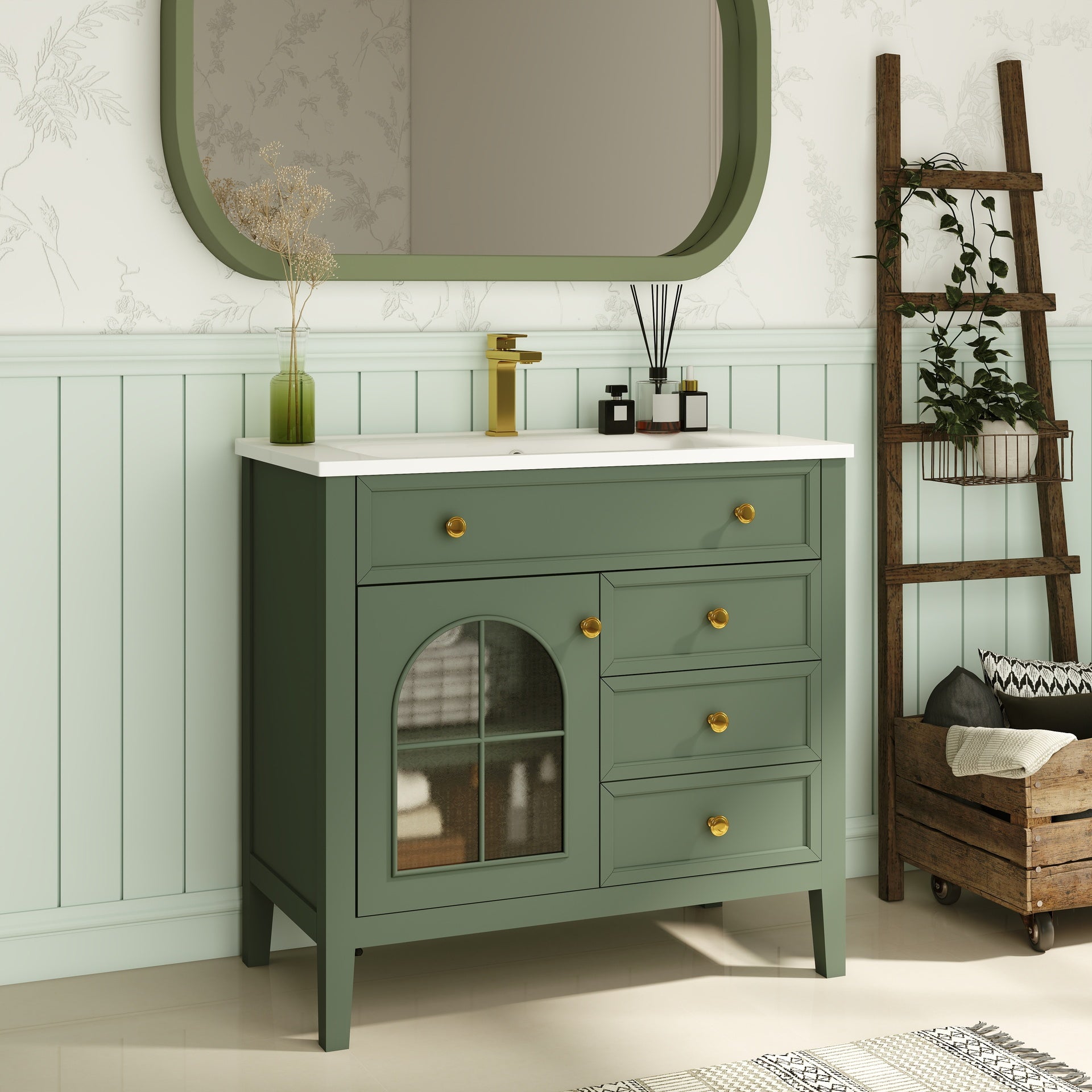 35.6" Mid-Century Bathroom Vanity Sink with Patterned Glass & Motion-sensor Light Strip, Farmhouse Freestanding Bathroom Vanity Sink with Storage, High-end Restroom Vanity Cabinet,Green