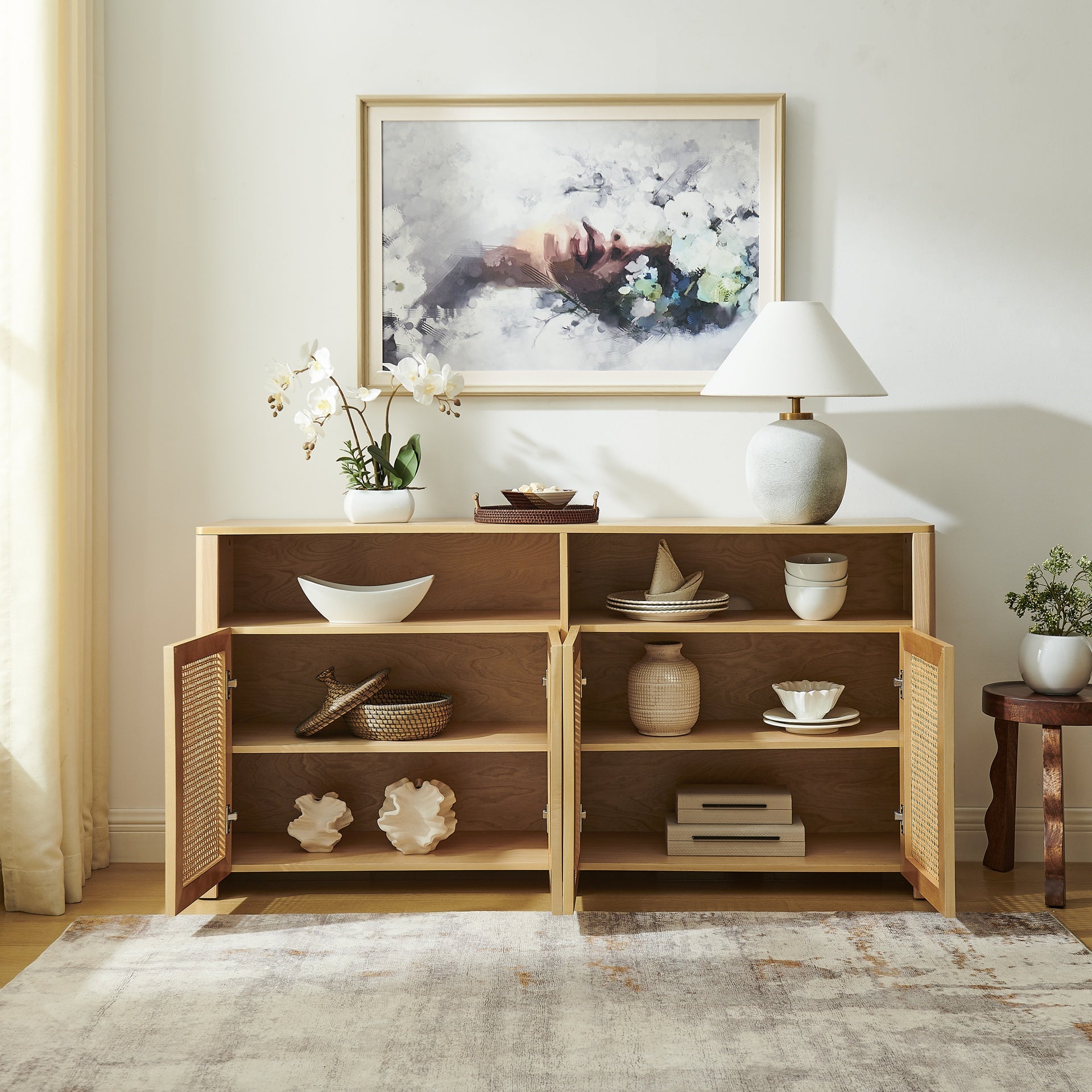 63" Mid Century Modern Rattan Sideboard Buffet Cabinet with Storage, Retro Coffee Bar Wine Bar Credenza, Large Media Console Table for Living Room/Entryway/Kitchen, Natural