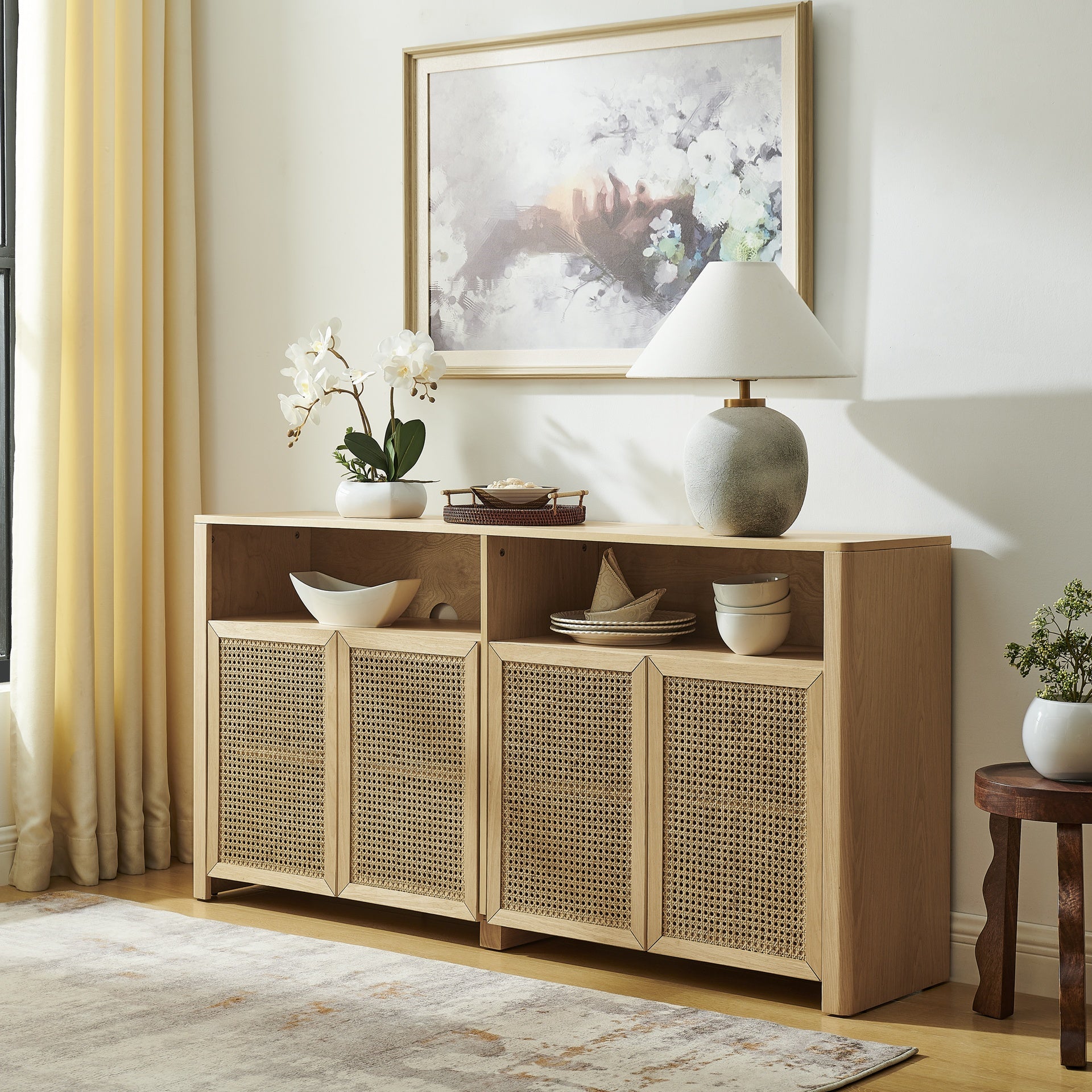 63" Mid Century Modern Rattan Sideboard Buffet Cabinet with Storage, Retro Coffee Bar Wine Bar Credenza, Large Media Console Table for Living Room/Entryway/Kitchen, Natural