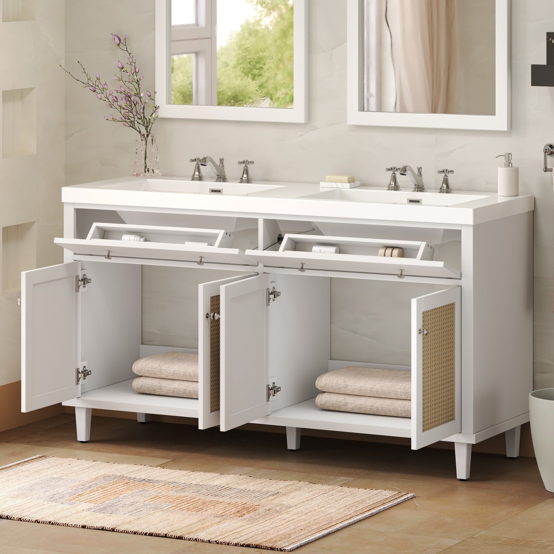 60 Inch Bathroom Vanity with Double Sink ( SMC Sink ), Large Storage Space with 2 Tip-Out Trays / Flip-Out Drawers and 4 Soft Closing Doors, Solid Wood Legs and Silver Metal Knobs, White