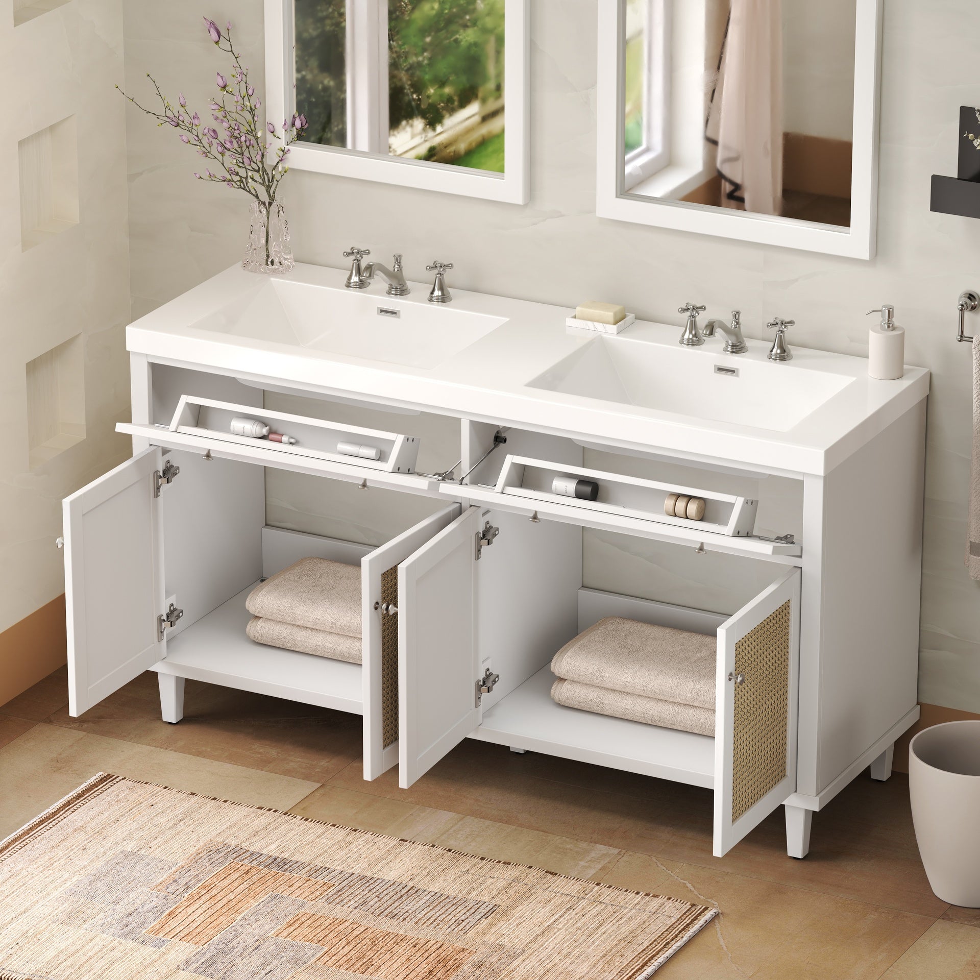 60 Inch Bathroom Vanity with Double Sink ( SMC Sink ), Large Storage Space with 2 Tip-Out Trays / Flip-Out Drawers and 4 Soft Closing Doors, Solid Wood Legs and Silver Metal Knobs, White